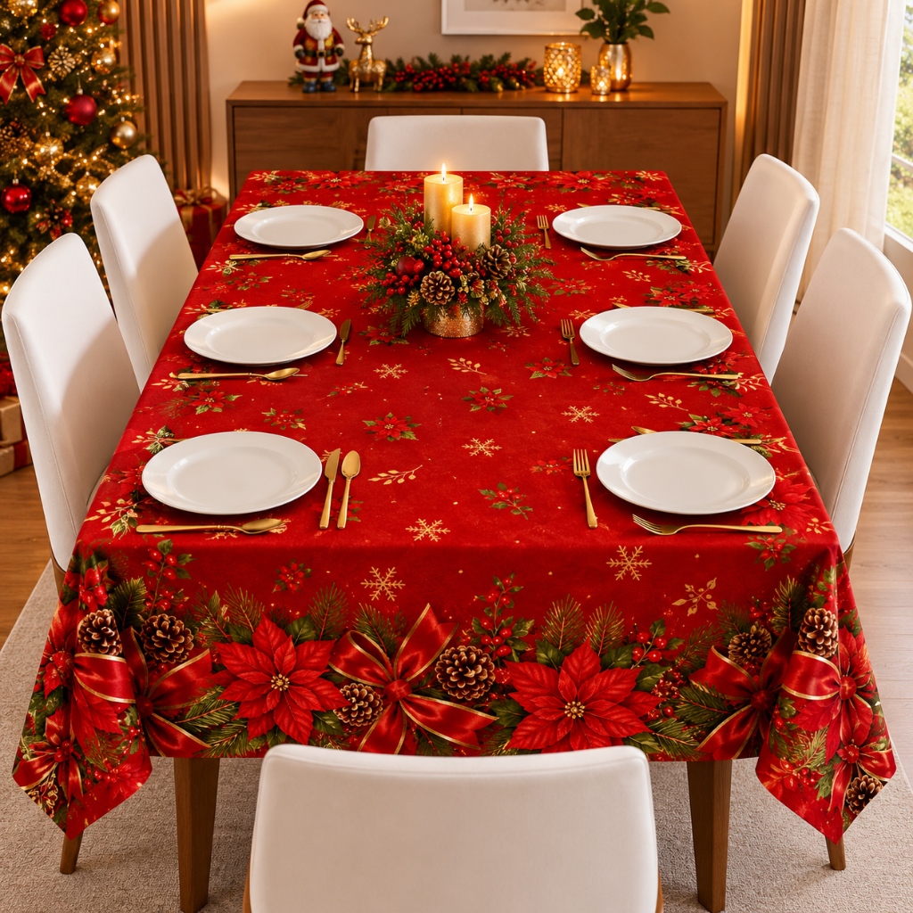 Toalha de Mesa Natal Xadrez Retangular Microfibra Tecido Premium Cozinha Sala Decoração 2,20 x 1,45m