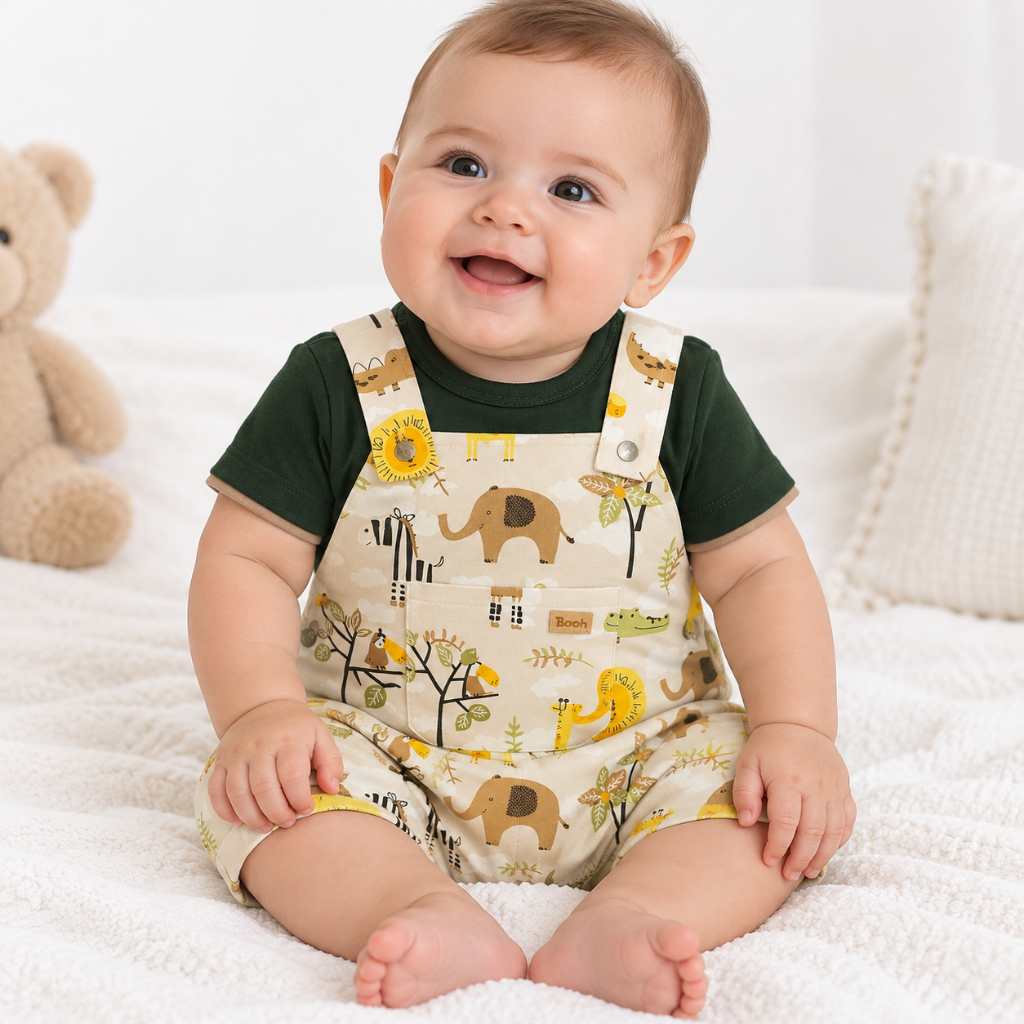 Conjunto Jardineira Bebê Menino 2 Peças com Camiseta 100% Algodão Estampada Curta Roupa Infantil P M G