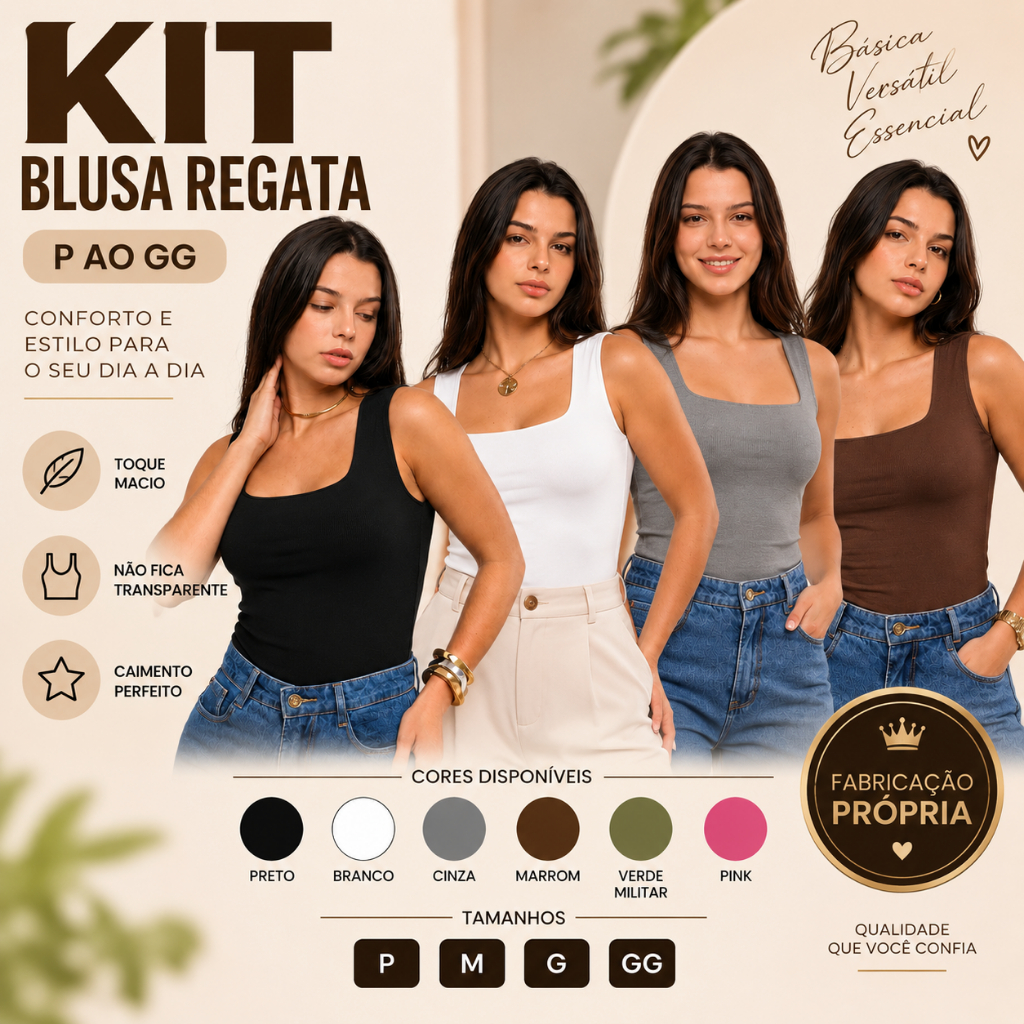 Kit Blusinha Regatas Femininas Básicas de Malha suplex Blusa alça Larga Decote Quadrado verão