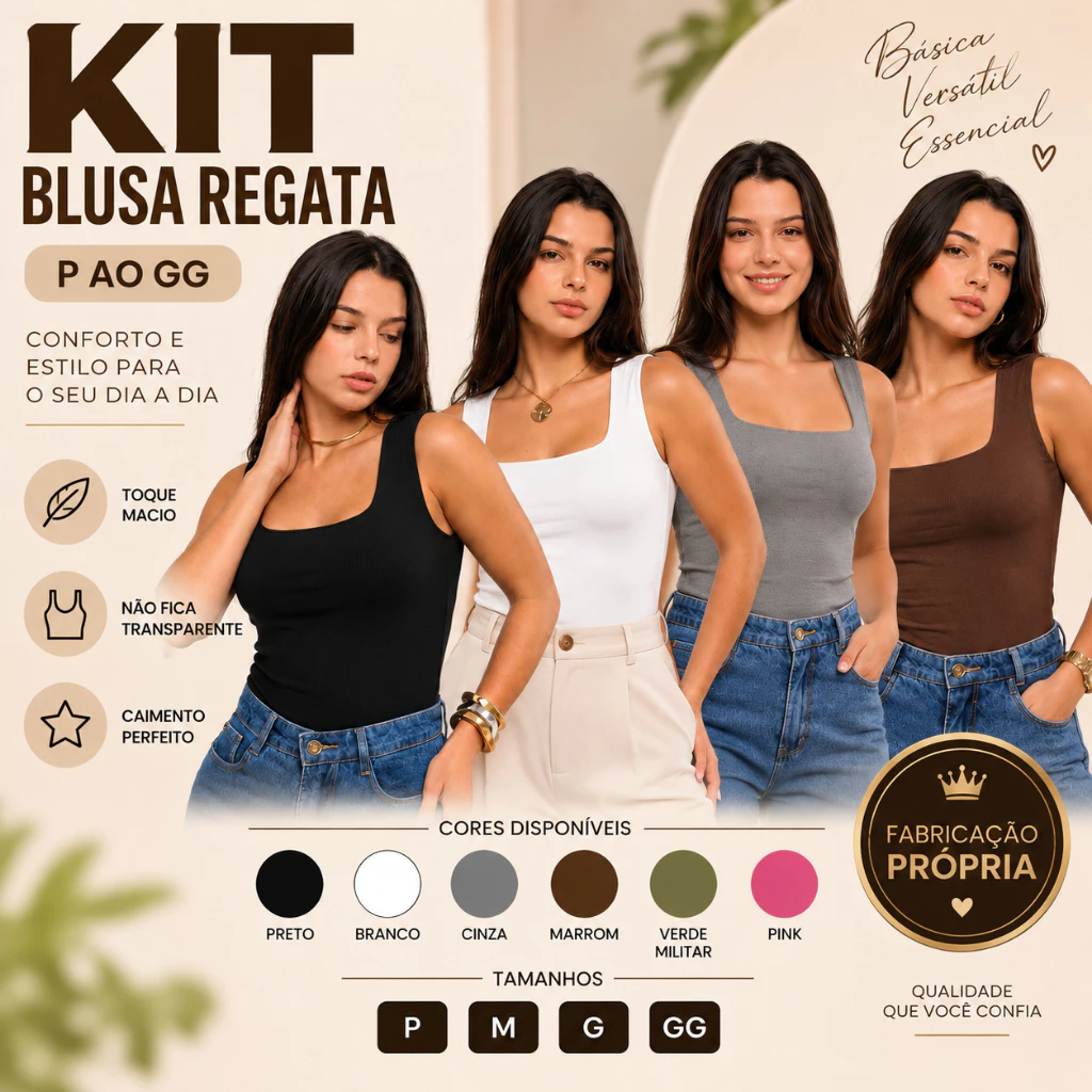 Kit Blusinha Regatas Femininas Básicas de Malha suplex Blusa alça Larga Decote Quadrado verão