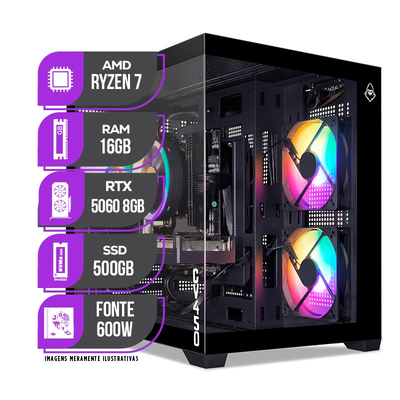 PC Gamer Mancer, AMD RYZEN 7 5700X, Water Cooler, RTX 5060 8GB, 16GB DDR4, SSD M.2 500GB, Fonte 600W 80 Plus
