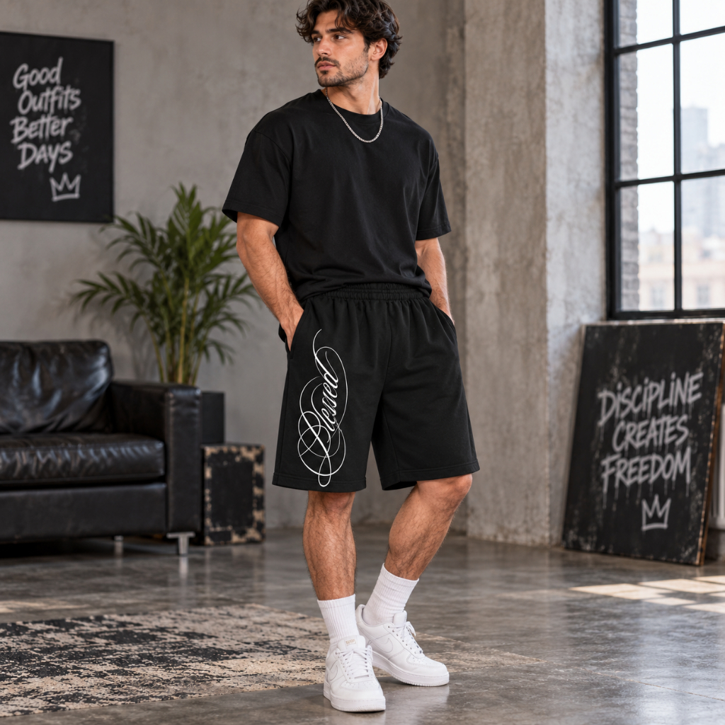 Bermuda Masculina Moletom Oversized Estampada Blessed Streetwear com Bolsos Cós Elástico e Cordão Ajustável