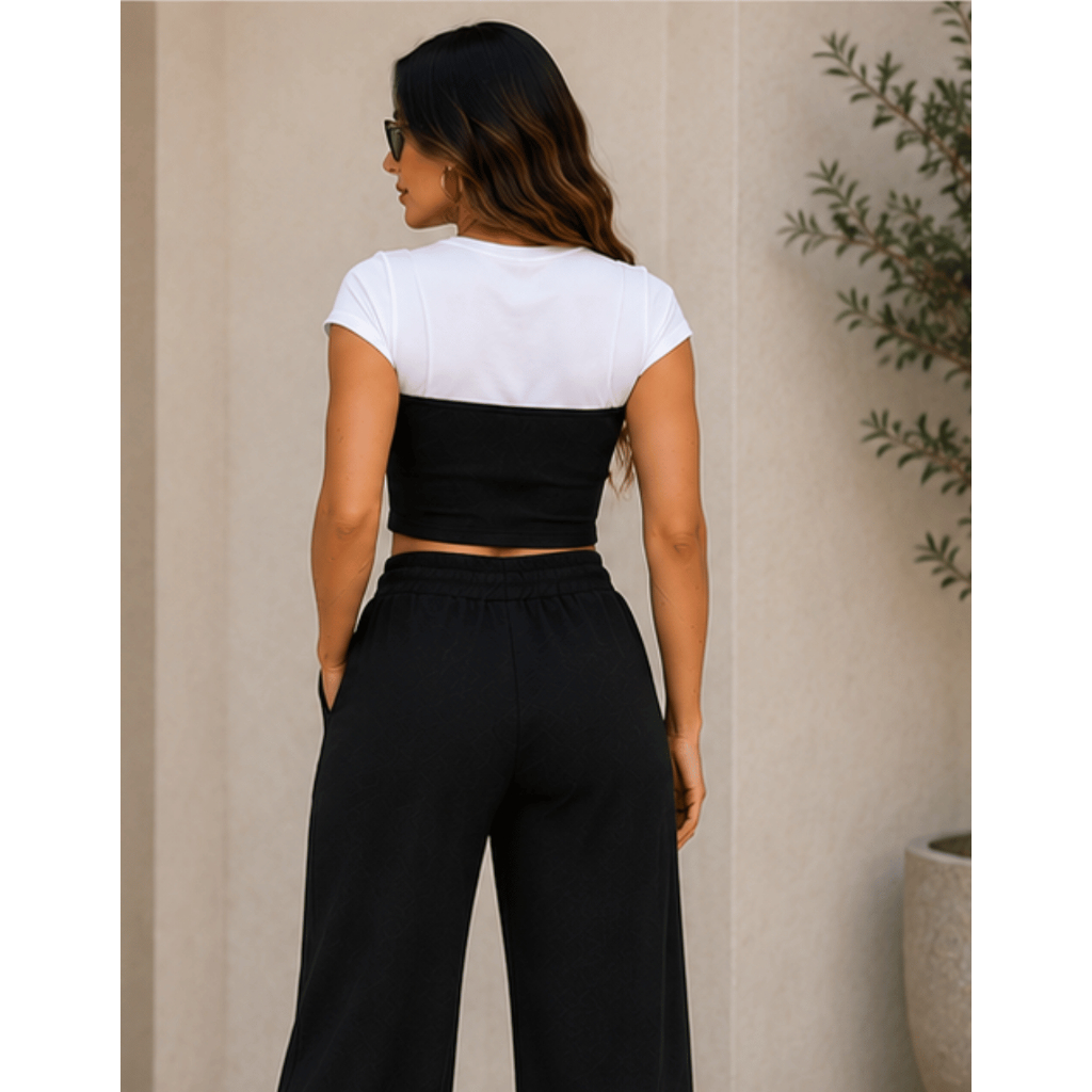Conjunto Feminino Ribana Cropped com bojo e Calça Wide Leg Cós Alto P ao GG — imagem 2 de 2