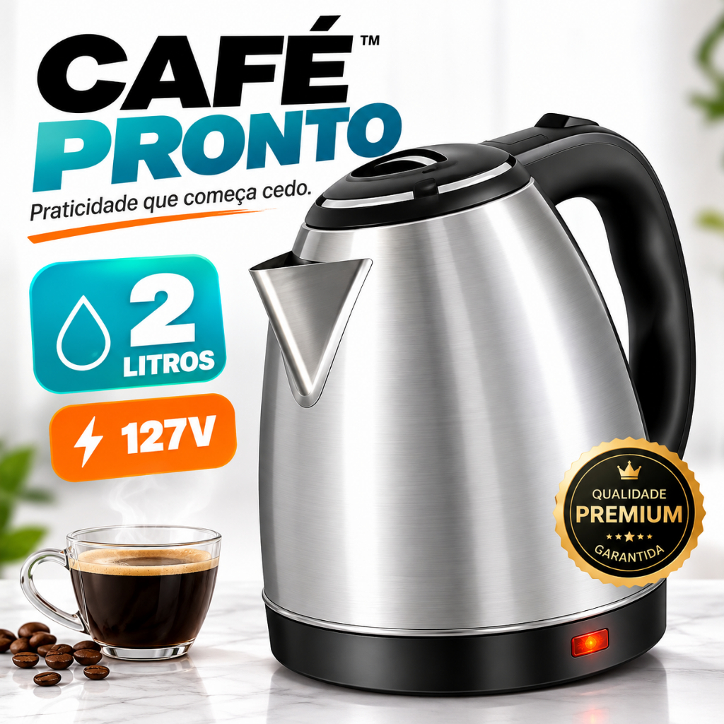 Chaleira Elétrica Potente Inox 2 Litros 127V Desligamento Automático Base 360° Café Pronto