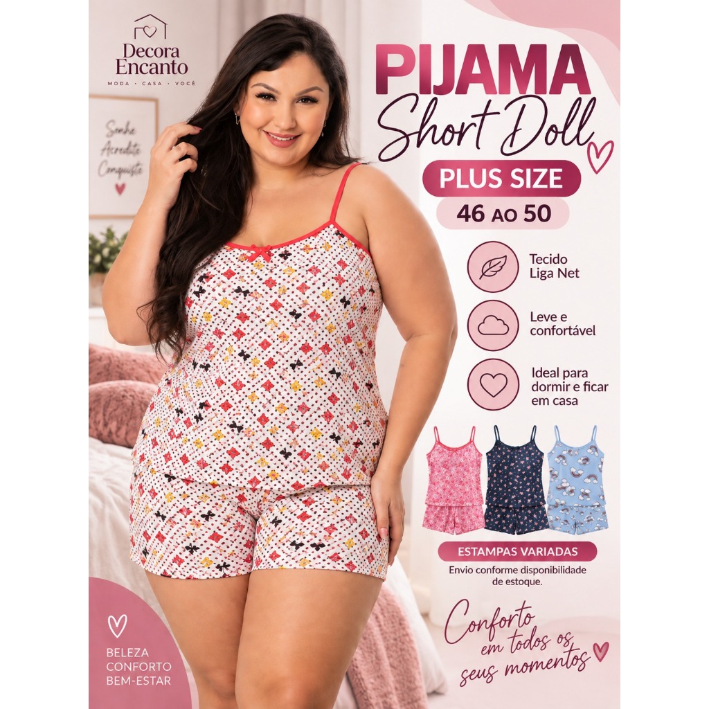 Pijama Short Doll Feminino Plus Size 46 ao 50 em Liga Net Estampado Confortável