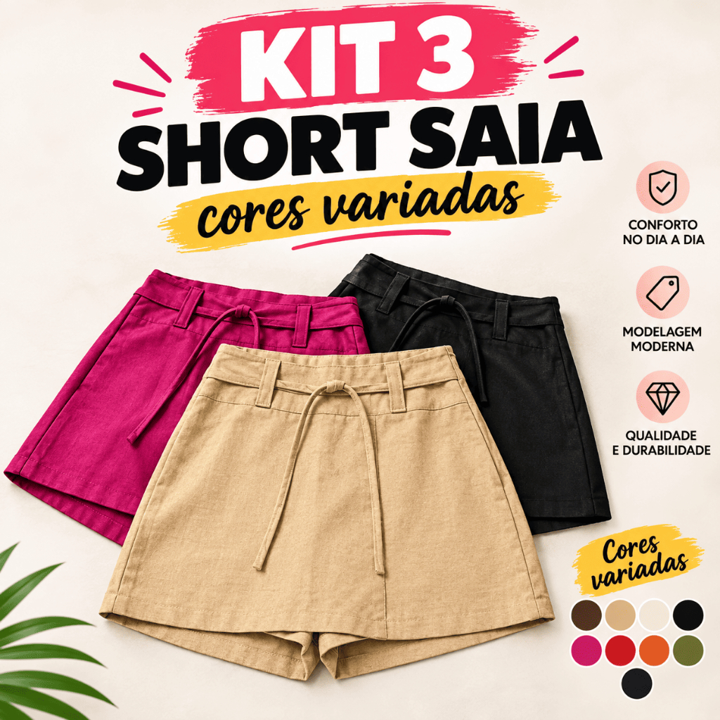 kit 3 short saia linho premuiim blogueira cores variadas