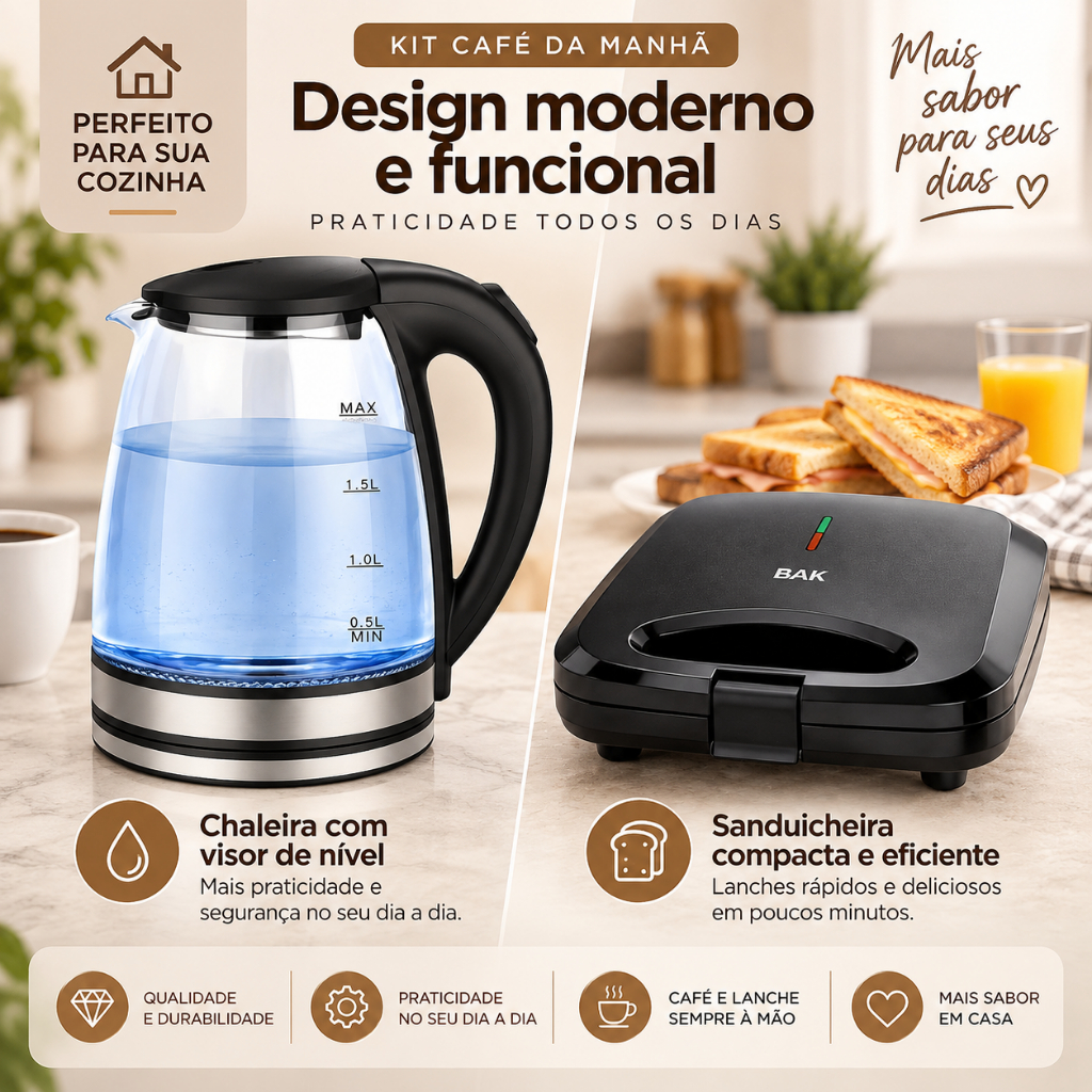 Kit chaleira vidro inox mais sanduicheira grill bak presente cafe da manha kit