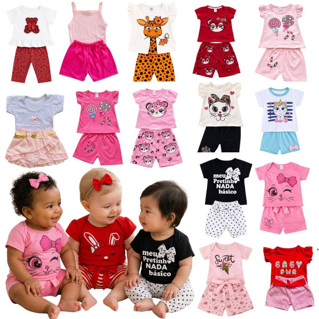 kit 5 conjuntos sortidos menina bebe infantil 5 shorts + 5 camisetas de 3 a 6 meses