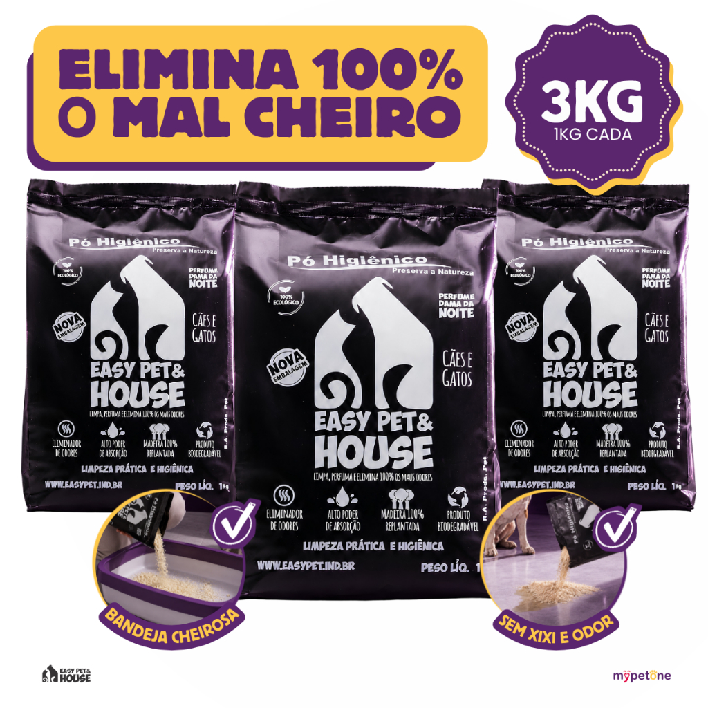 Pó Higiênico 1Kg Dama da Noite Antiodor Seca Xixi Cães e Gatos EasyPet Limpeza Fácil Ação Bactericida 1,2,3 ou 4 Unidade