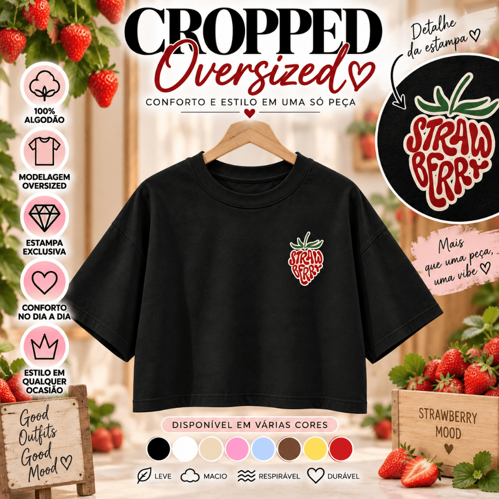 Cropped Feminino Oversized Strawberry Morango 100% Algodão Estampa Delicada Moda Casual Confortável Tendência Manga Curt