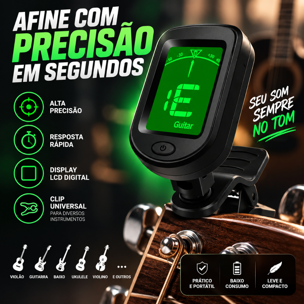 Afinador Digital Clip Cromático Violão Viola Guitarra Cavaco