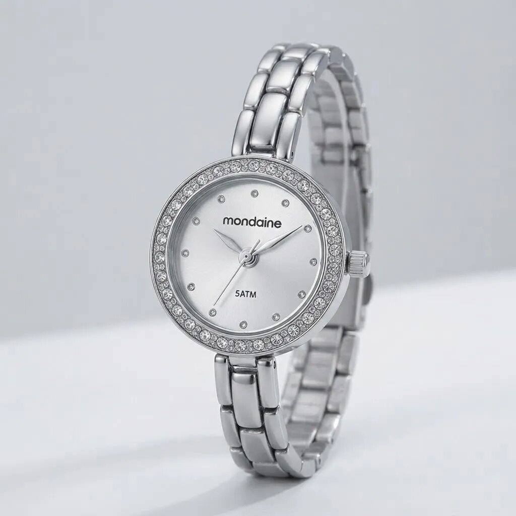 Relógio Feminino Mondaine Prata Redondo Cristais Aço Inox Analógico Original Presente 32497L0MVNM2
