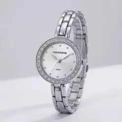 Relógio Feminino Mondaine Prata Redondo Cristais Aço Inox Analógico Original Presente 32497L0MVNM2