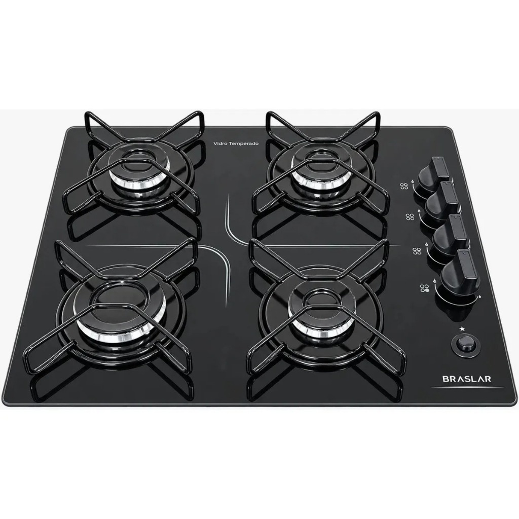Imagem Fogão Cooktop Braslar Pop à Gás 4 Bocas Mesa de Vidro Preto Bivolt - Acendimento automático