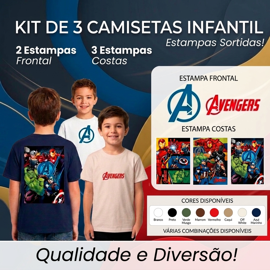 Kit 3 Camisetas Infantil Menino 100% Algodão Estampas Sortidas Frente e Costas Manga Curta Tamanhos 2 ao 16