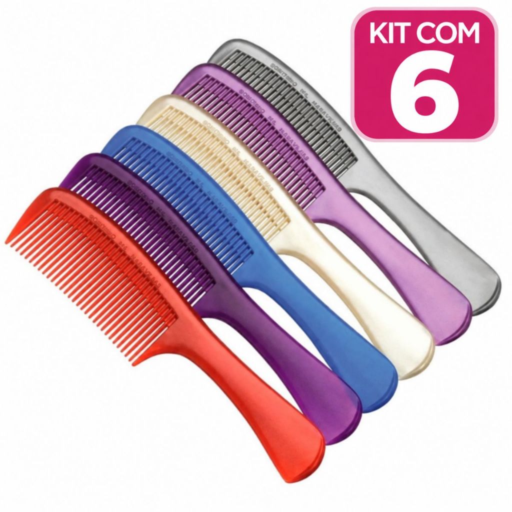 Conjunto 6 Pentes Profissionais Modelo Carioca com Cabo Longo para Cabelo – Cores Sortidas
