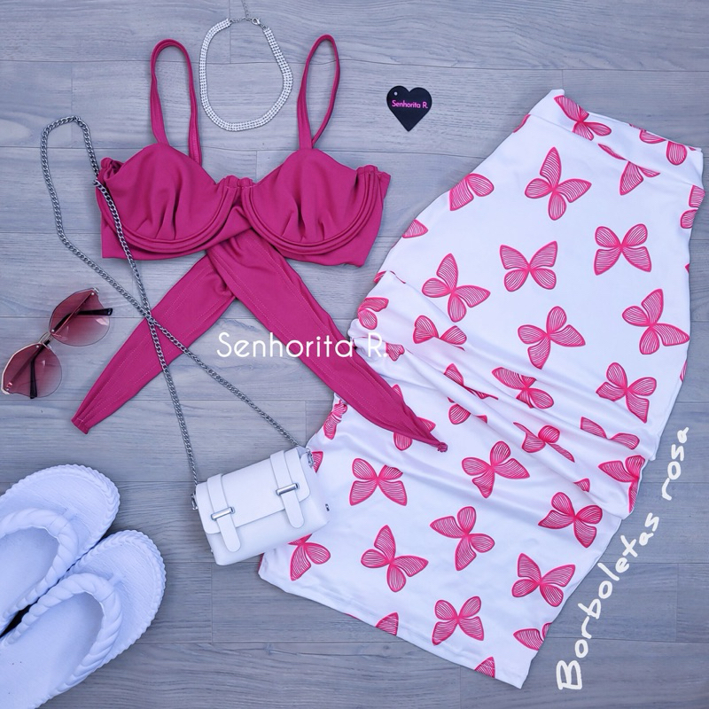 LANÇAMENTO Conjunto Saia e Cropped top Aro Estampado estampa borboleta rosa tropical verão moda paty feminina midi curto
