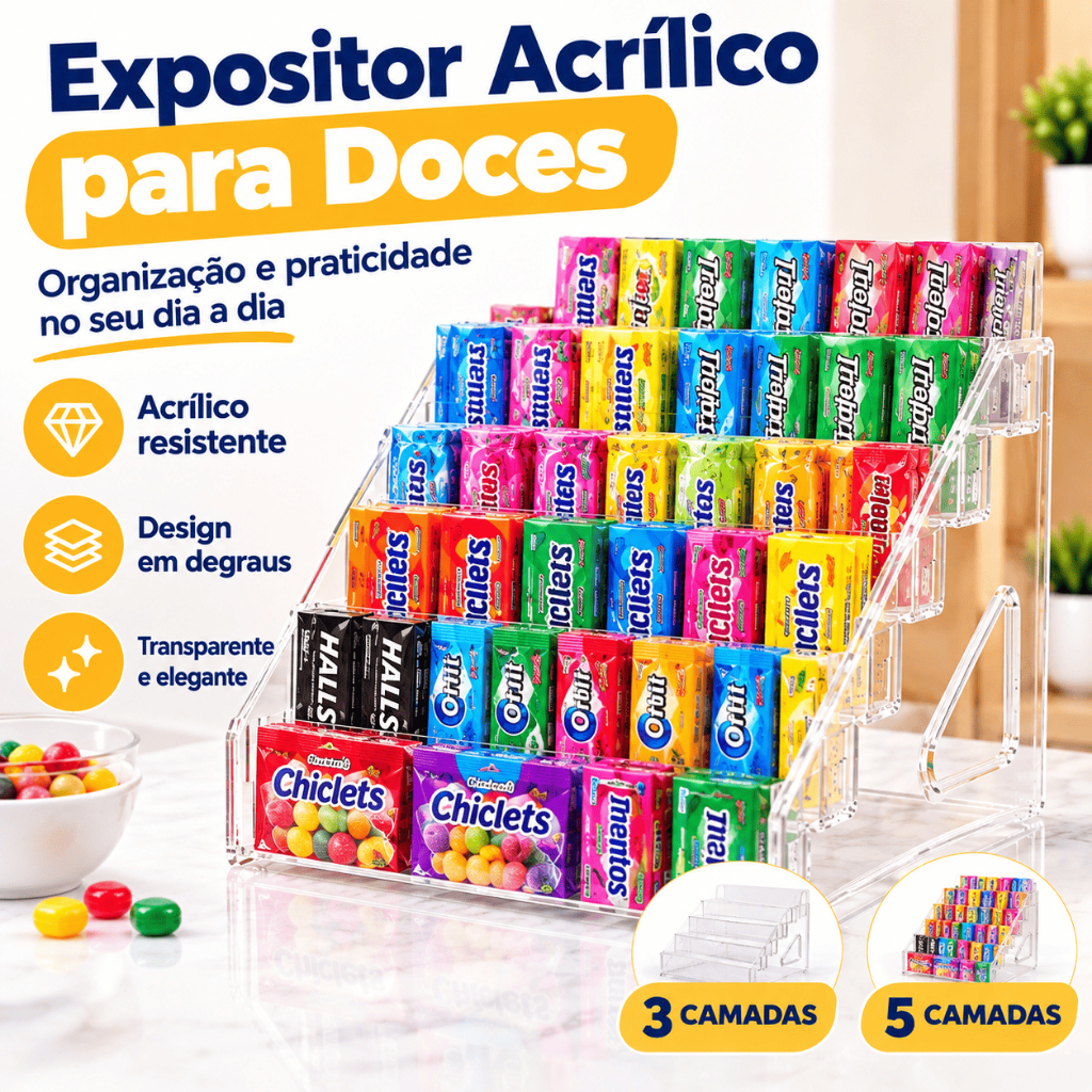expositor acrílico para doces 5 camadas transparente para mesa chocolates chicletes perfumes