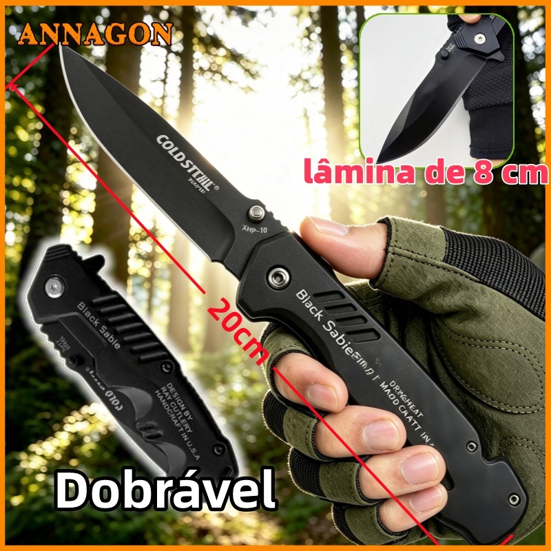 20CM Canivete Aço Preto com Trava Faca de cozinha para frutas Para Cozinha Pesca Camping Lâmina de 8 cm