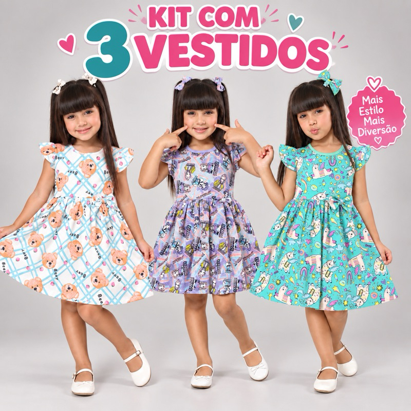 Kit 3 Vestidos Infantil Menina Estampados Sortidos Verão Confortável Manga Babado Roupa Feminina 2,3,4,5,6 Anos