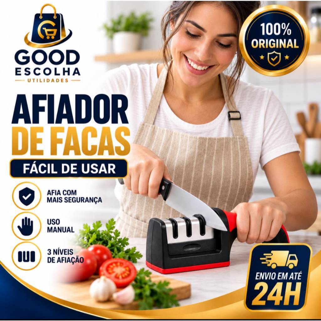 Afiador de Facas Manual 3 Etapas com Cabo Ergonômico Base Antiderrapante para Cozinha