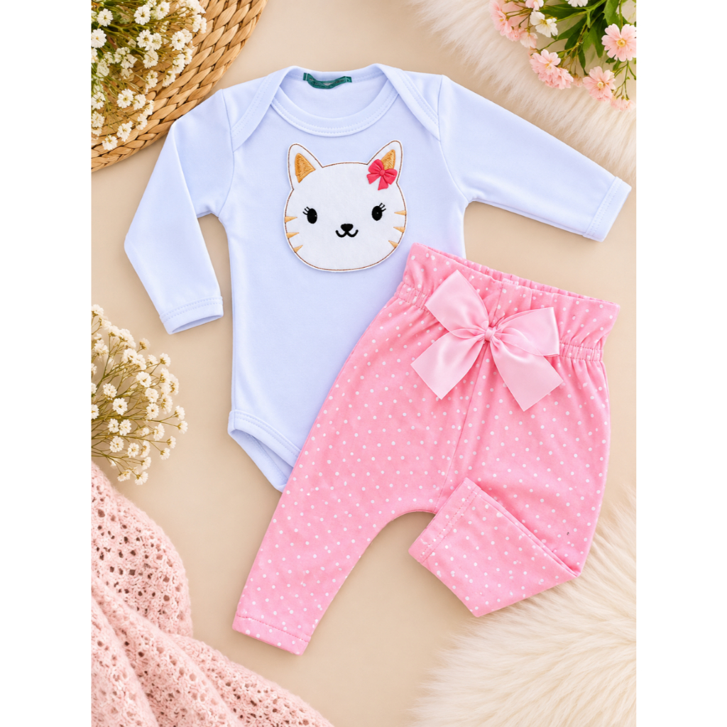 Conjunto Roupa Bebê Menina Body Calça Feminino Algodão Moda Bordado infantil Conjuntinho Roupinha
