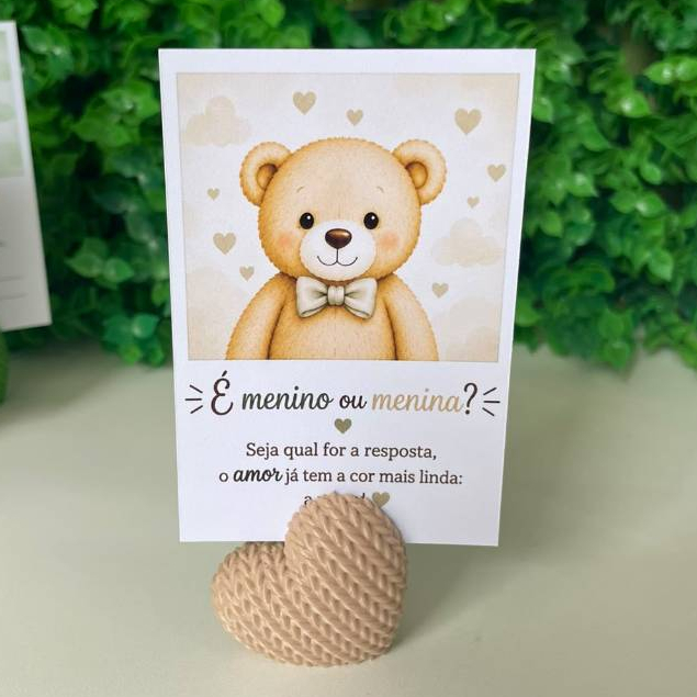 Lembrancinha Chá Revelação Coração 3D Porta-Foto retrato com Tag Estilo Polaróide Ursinho | Será Menino ou Menina