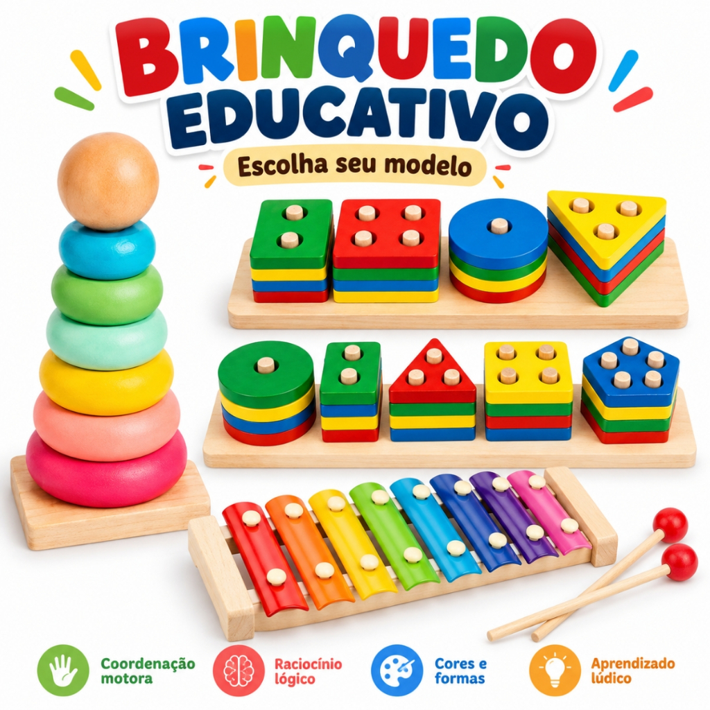 Brinquedo Educativo Montessori Sensorial Xilofone Torre de Encaixe e Formas Geométricas
