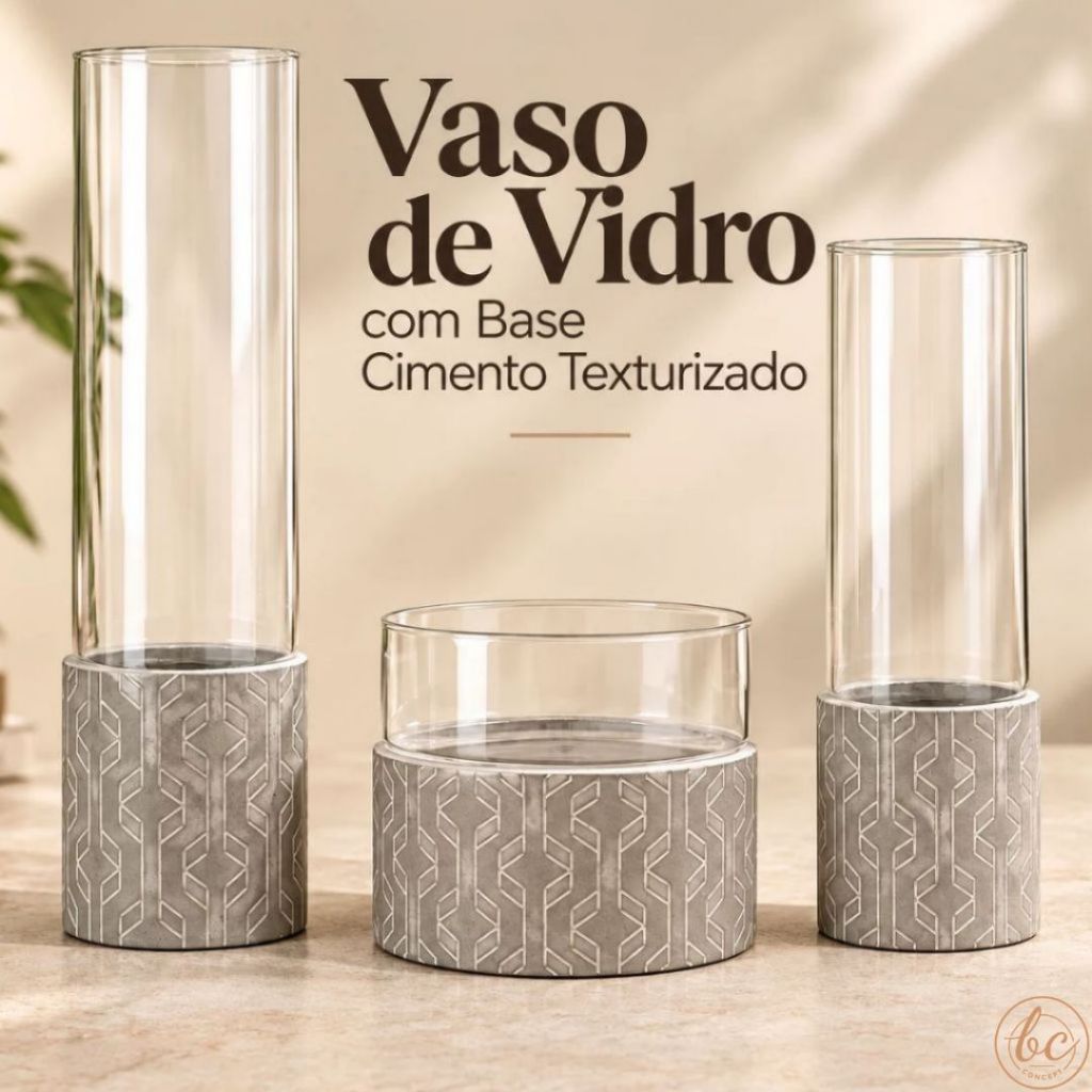 Vaso de Vidro com Base Cimento Texturizado Para Plantas Decorativas Cachepot Decorativo Premium