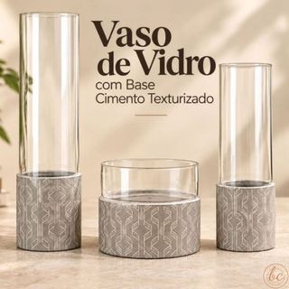 Vaso de Vidro com Base Cimento Texturizado Para Plantas Decorativas Cachepot Decorativo Premium