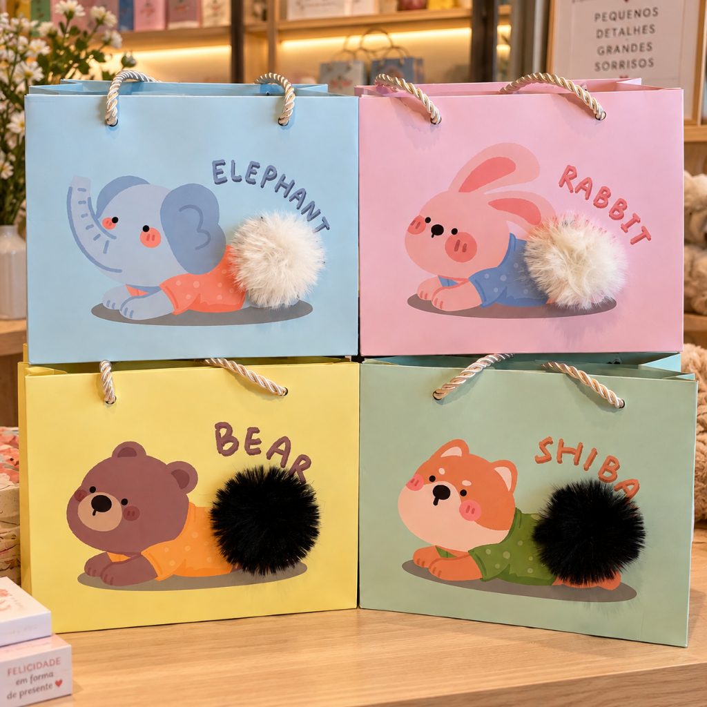 Sacola para Presente Infantil Luxo com Pompom 3D e Alça de Tecido
