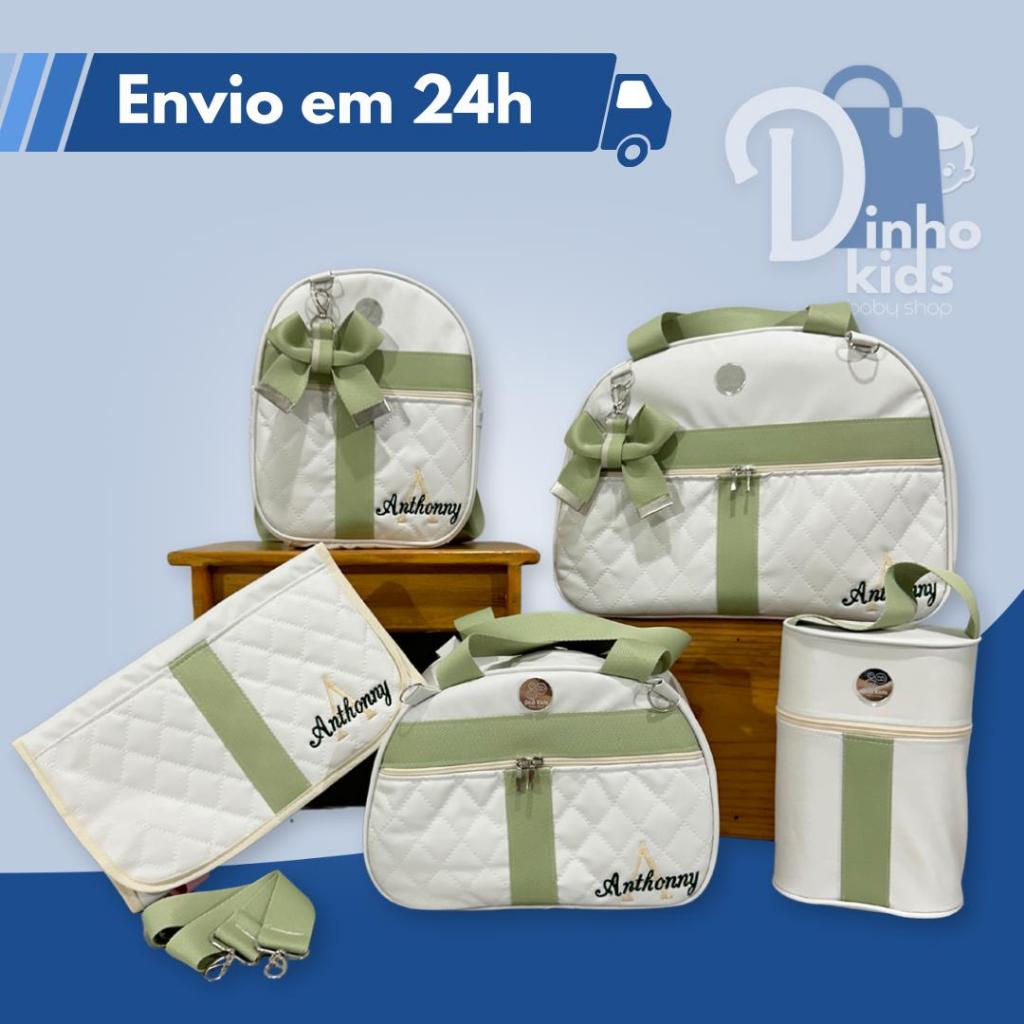 Conjunto de bolsas maternidade afeto personalizadas, kit de bolsas luxo dinho kids. Bolsa de Bebê