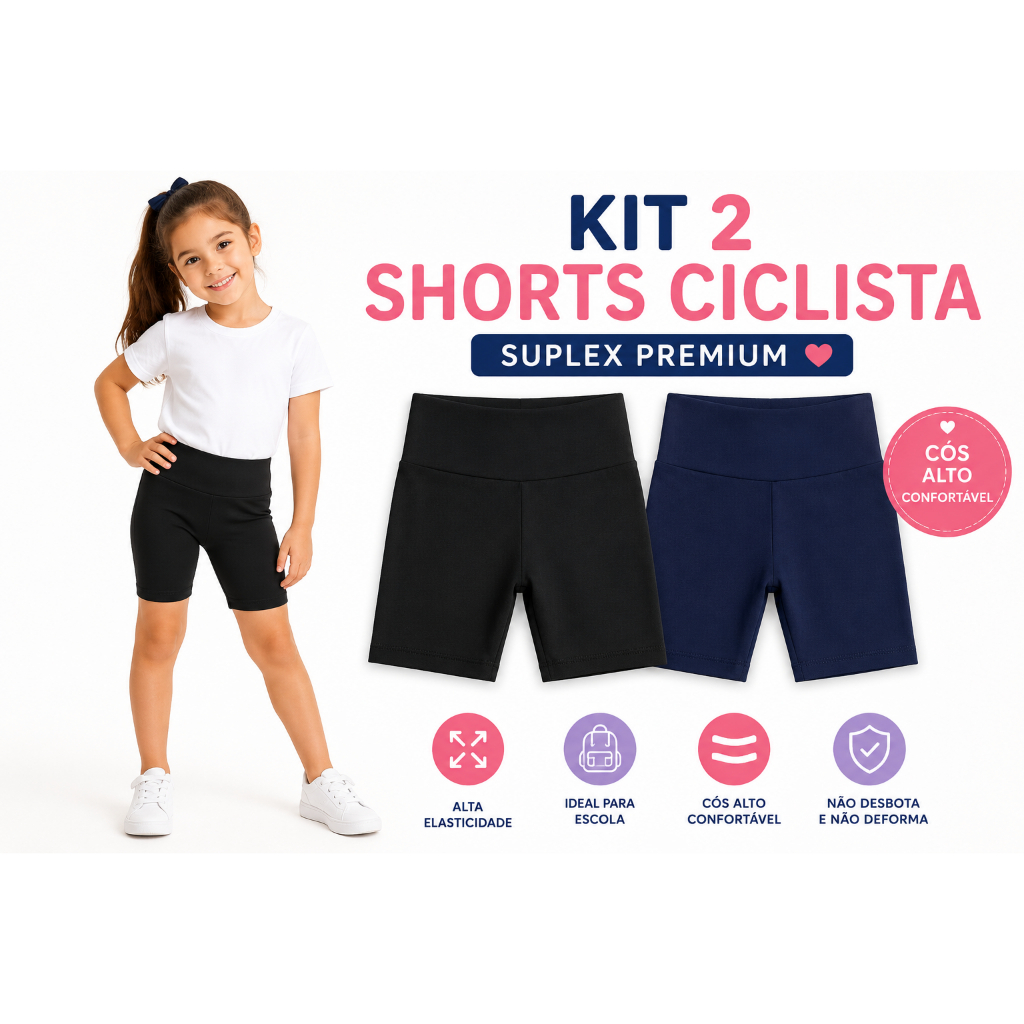 Kit 2 Shorts Ciclista Infantil Menina Suplex Premium Cós Alto