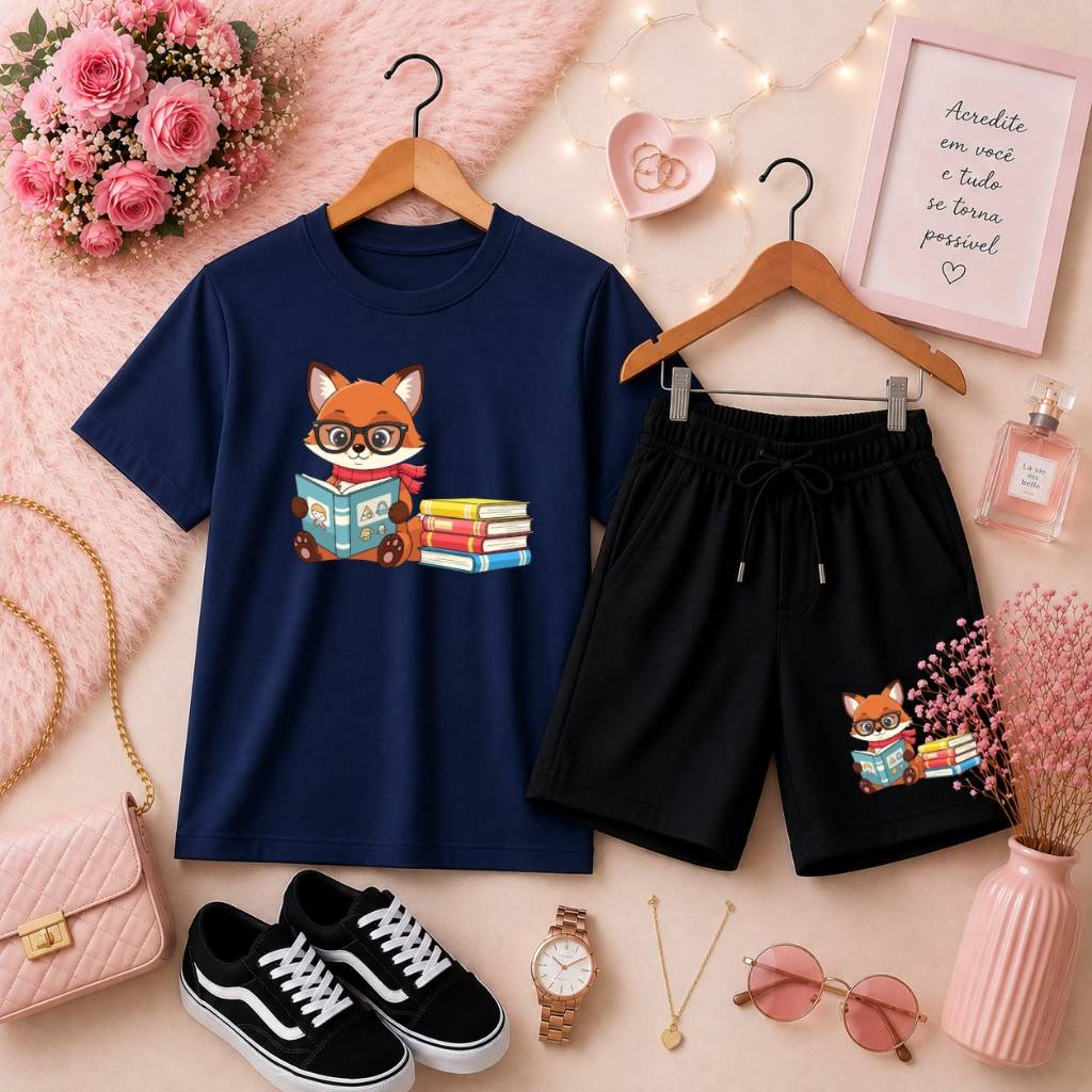 Fofura em Dose Dupla 🌷 Conjunto Feminino Infantil Camiseta Básica e Short Moletom Estampa Raposinha Estudiosa