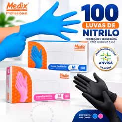 Kit 100 Luva Nitrílica Descartável Sem Pó Material Nitrilo Resistente Antialérgica Descartáveis Selo Anvisa Marca Medix