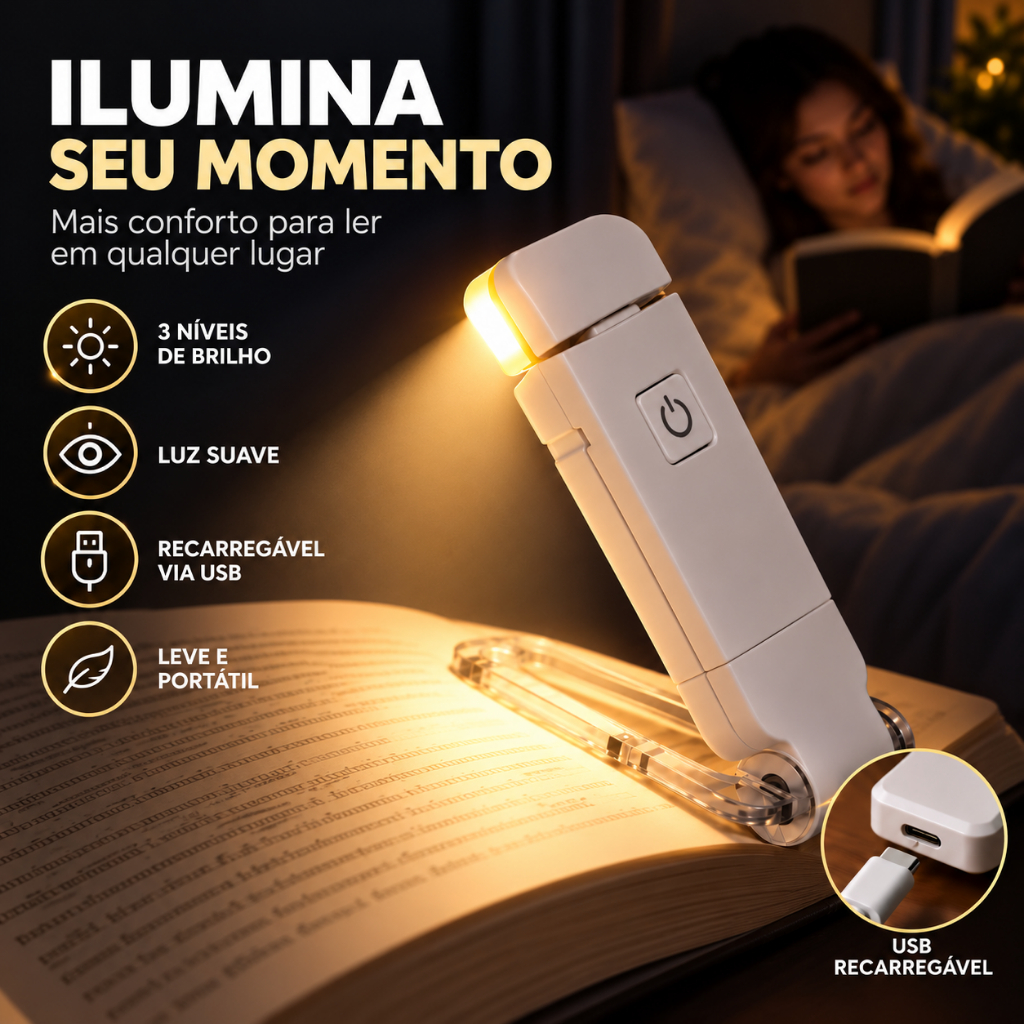 Luz de Leitura para Livro LED Recarregável USB com Clipe 3 Níveis Brilho Ajustável Luminária Portátil para Estudo