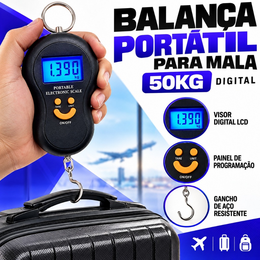 Balança Digital Para Bagagem 50kg com Gancho Função Tara Kg Lb Oz Mala Viagem Pesca