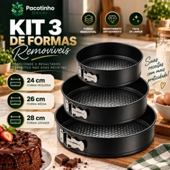 Kit 3 Formas Para Bolo Torta Com Fundo Removível Antiaderente Aço Carbono Redondas Preto