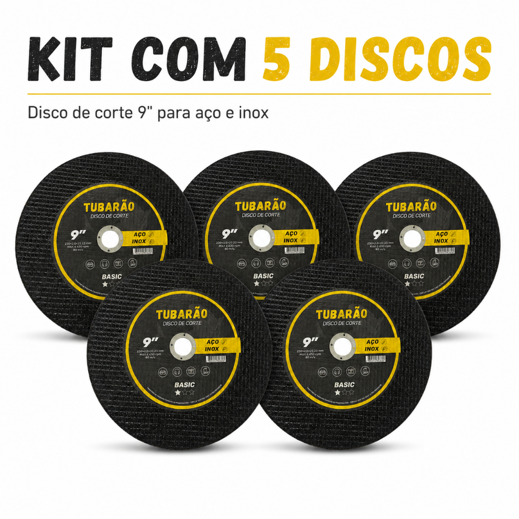 5x Disco De Corte 9 Polegadas 230mm Inox Metal Tubarão