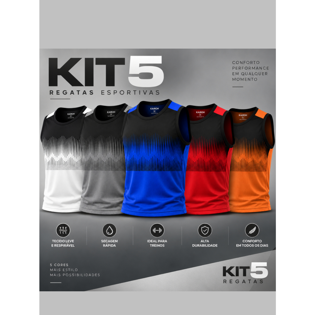 KIT 5 Camiseta Regatas Masculina Leve Secagem Rápida Dryfit Para Corrida Academia Musculação Futebol