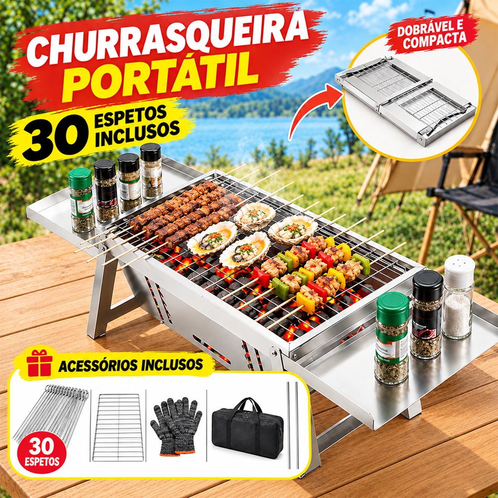 Churrasqueira de Aço Inoxidável Portátil e Dobrável Resistente ao Calor com 30 Espetos para Churrasco