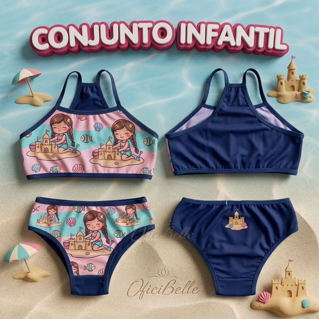 Conjunto Feminino Biquíni Infantil Sublimado Estampado Verão Calcinha e Top Nadador Conforto