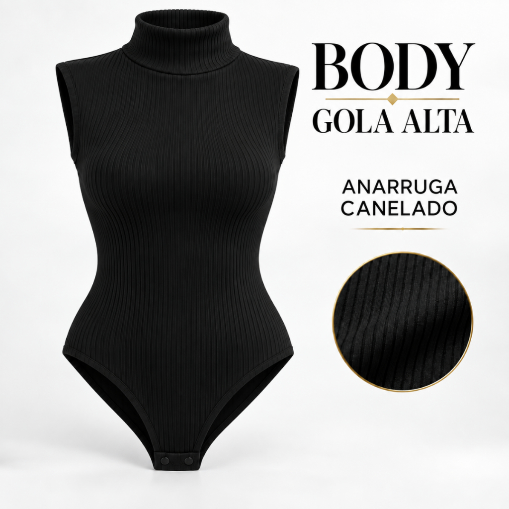 Body Feminino Gola Alta Manga Longa Anarruga Canelado com Elastano P ao GG