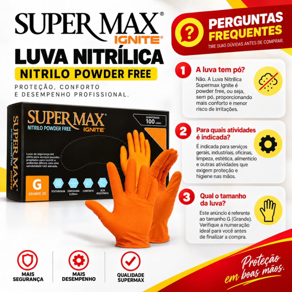 Luva Nitrílica Laranja Ignite Supermax 100 Unidades Descartável Sem Pó — imagem 2 de 2