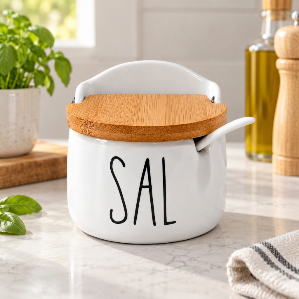 Saleiro Porta Sal de Porcelana Branco Porta Tempero para Cozinha Tampa de Bambu Madeira com Colher