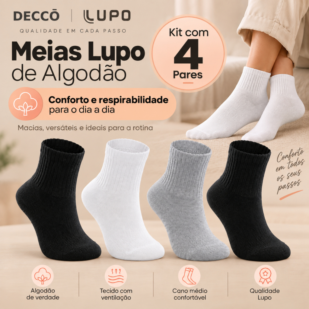 Kit com 4 Pares de Meias Lupo Sport Infantil Cano Médio Algodão Cores Básicas Menino e Menina