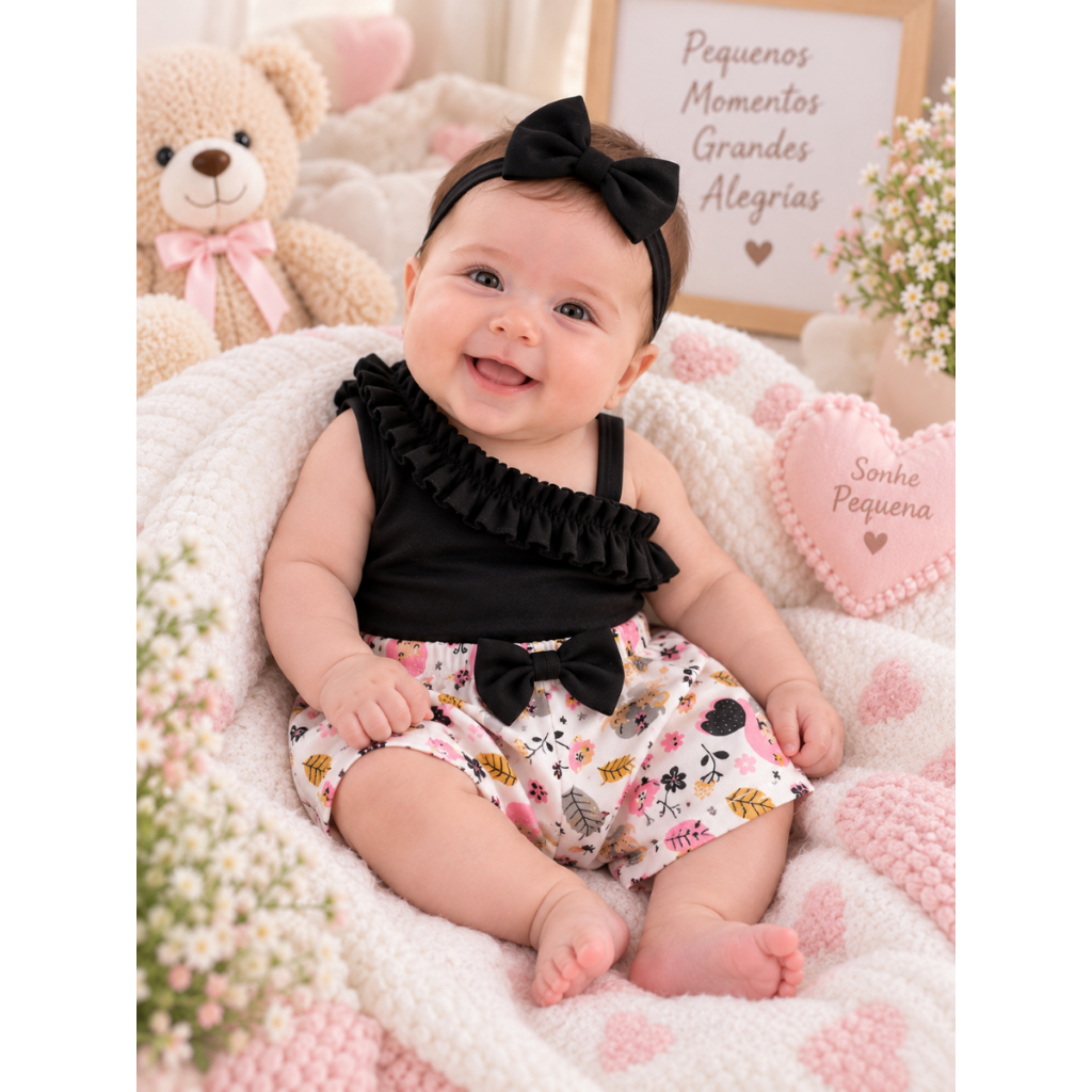 Conjunto Bebê Menina Blusa Mula Manca + Short Fofo Estampado Infantil Verão Lookinho Fashion 3 a 6 Meses