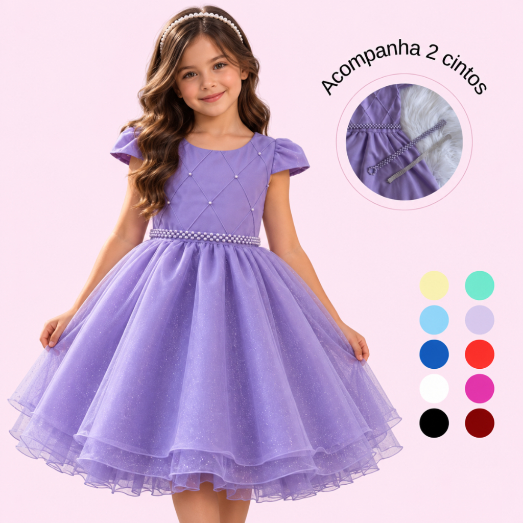 Vestido Infantil Juvenil Curto Princesa Nervura Com Saia De Brilho Festa