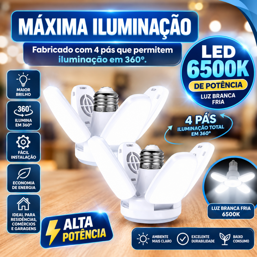 Lâmpada Led 6500k 60W Pétalas Girassol Dobrável 6500k Ajustável Super Branco Bivolt Multifuncional