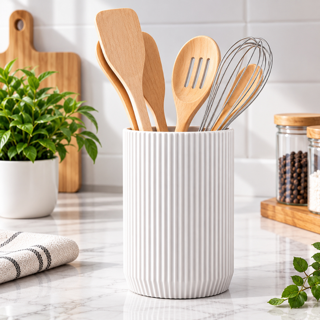 Porta Utensílios de Cozinha Redondo Design Canelado Organizador de Bancada